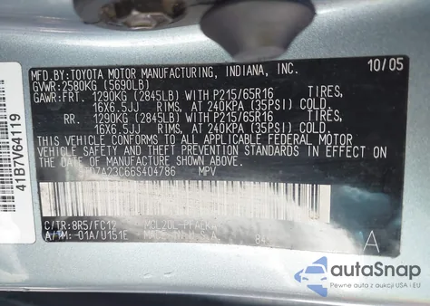 2006 Toyota Sienna Ce/Le z USA, uszkodzony, nr VIN 5TDZA23C66S404786